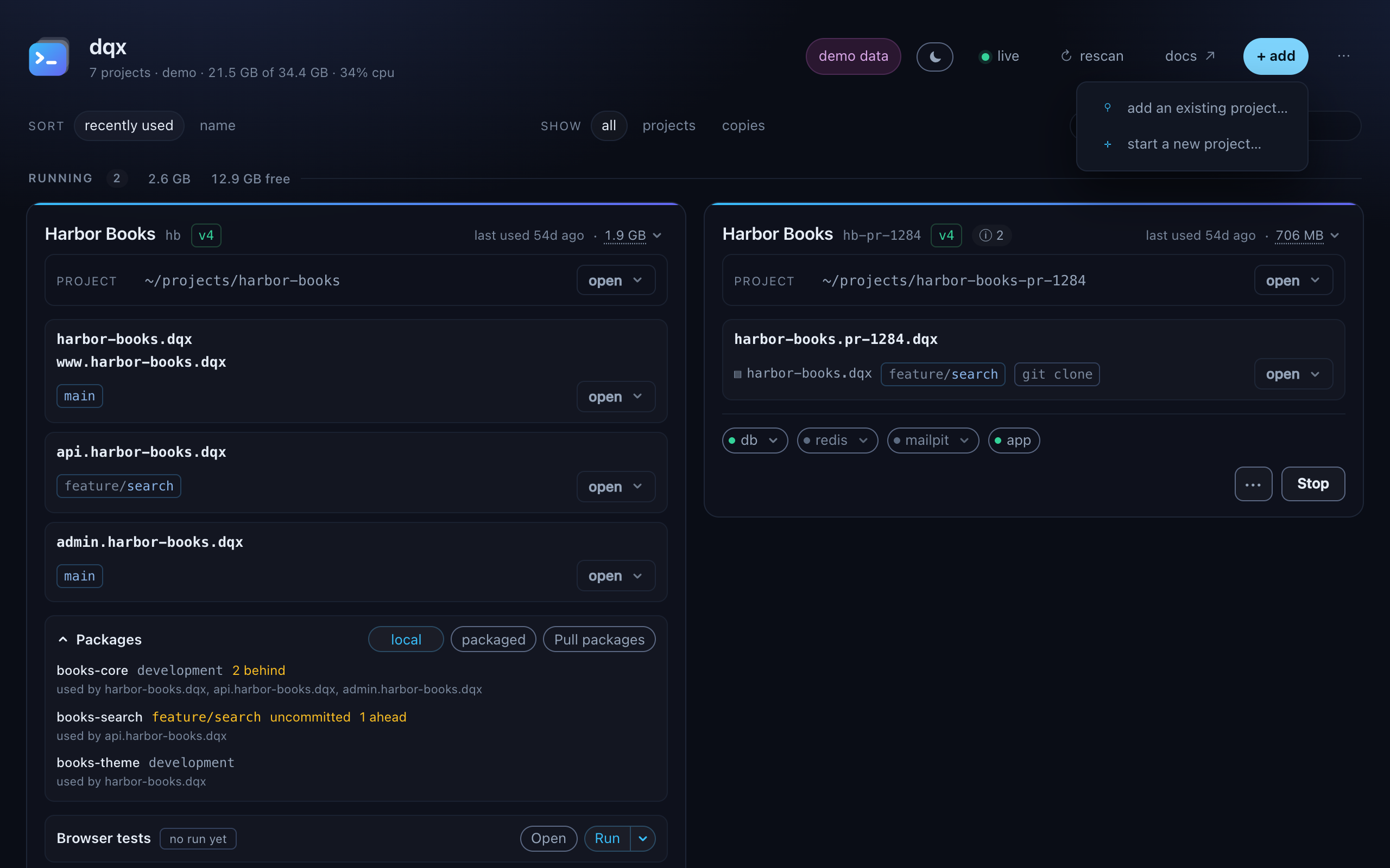 The add menu open in the header, offering add an existing project and start a new project