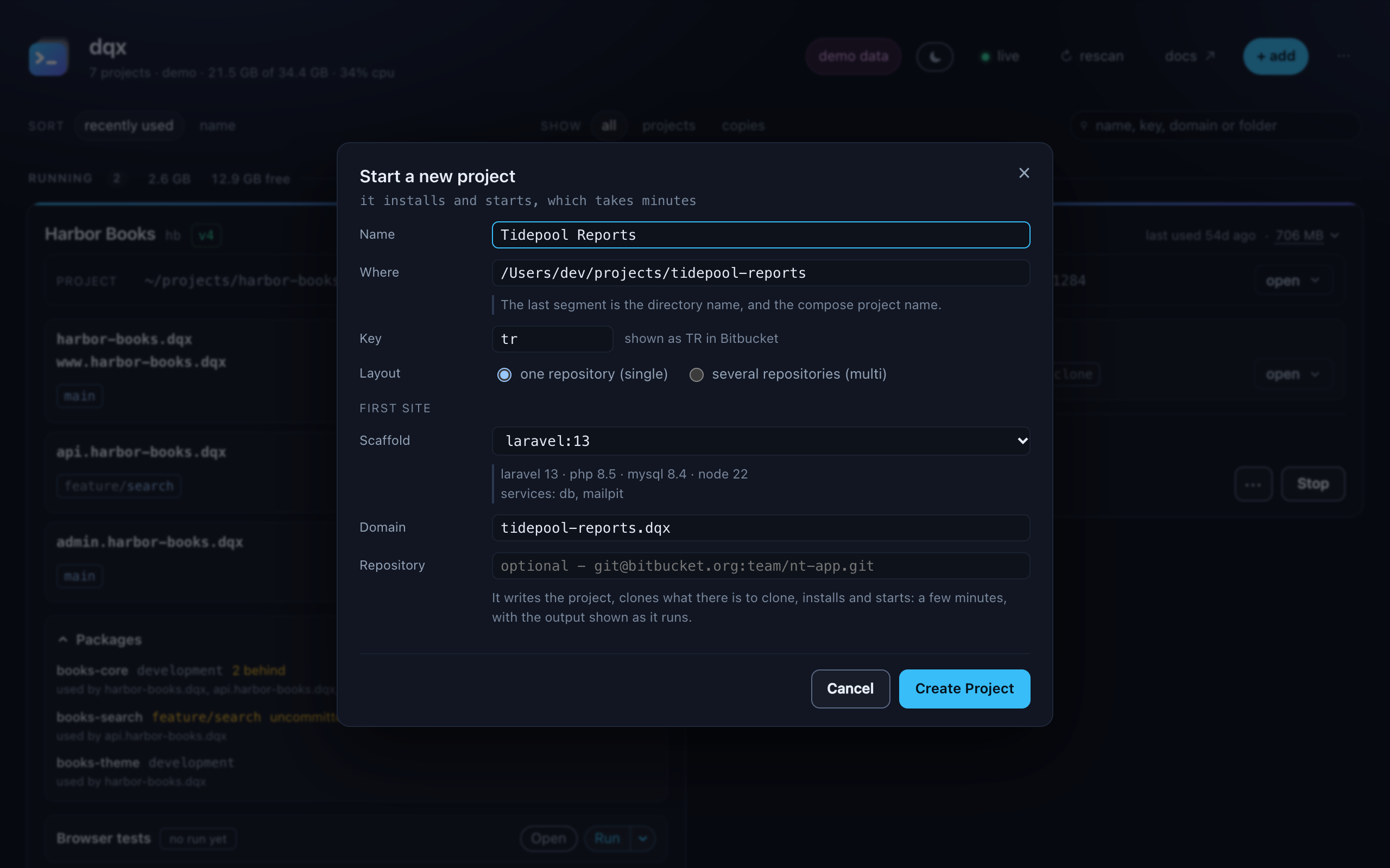 The new project dialog: name, where, key with its Bitbucket hint, the layout choice, the first site with scaffold and domain, a warning that nothing serves .dqx yet, and an optional repository