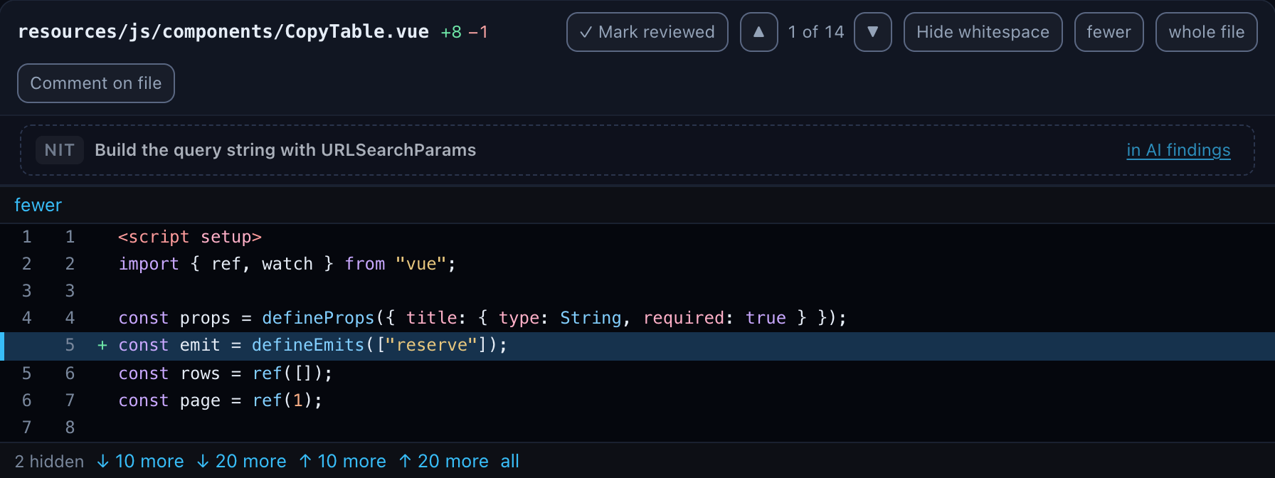 CopyTable.vue with the first gap opened: a fewer row above lines 1 to 8, the added defineEmits line highlighted, and below it a row with 2 hidden, 10 more and 20 more in both directions, and all