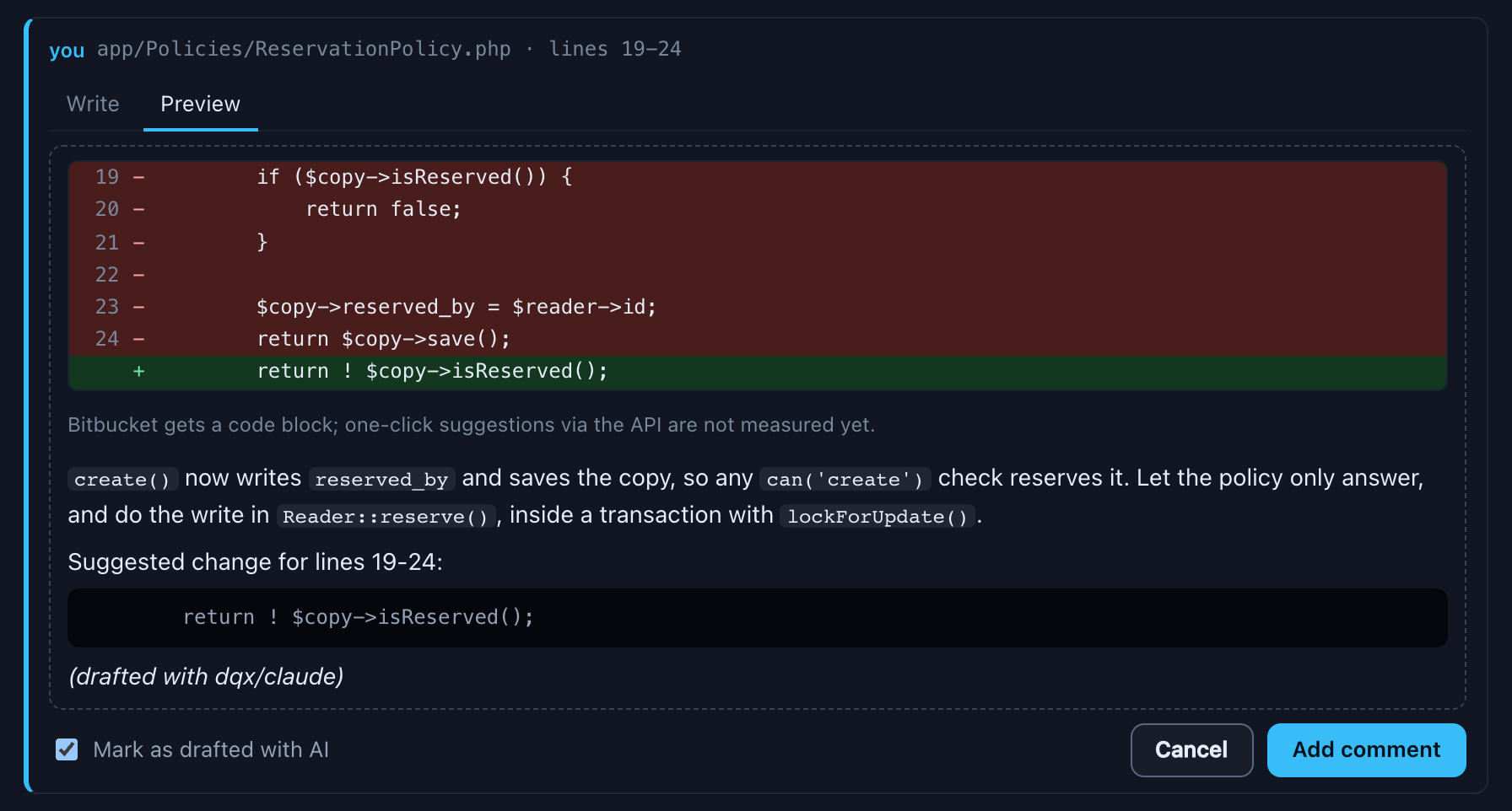 The Preview of the suggestion: the three old lines in red, the new lines in green, the explanation and code as they will be posted, the footer drafted with dqx/claude, and a line saying what GitHub and Bitbucket get