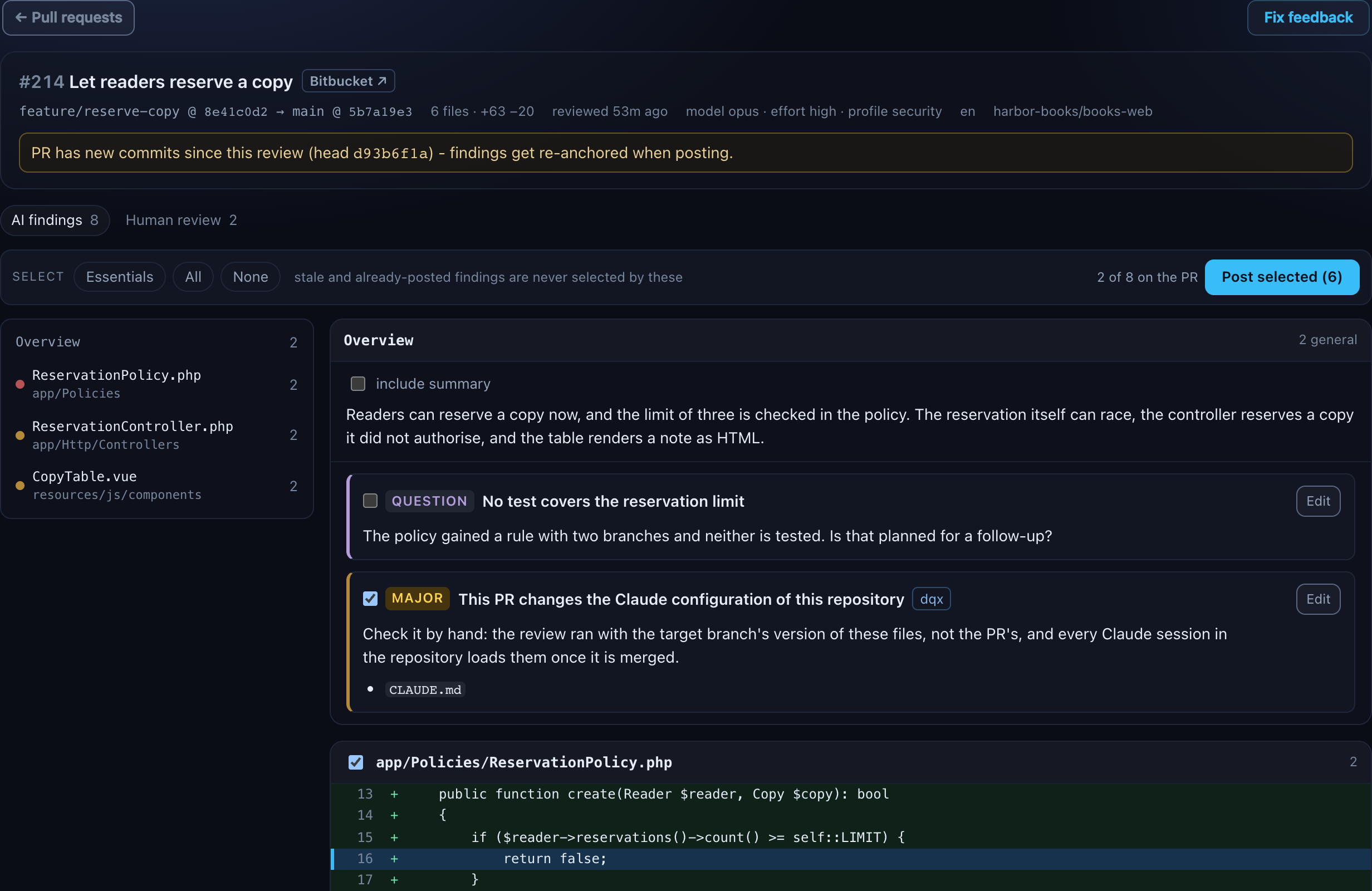 A finished review in the dashboard: the context bar with model, effort and profile, the selection buttons, the file list and a finding under its line of code