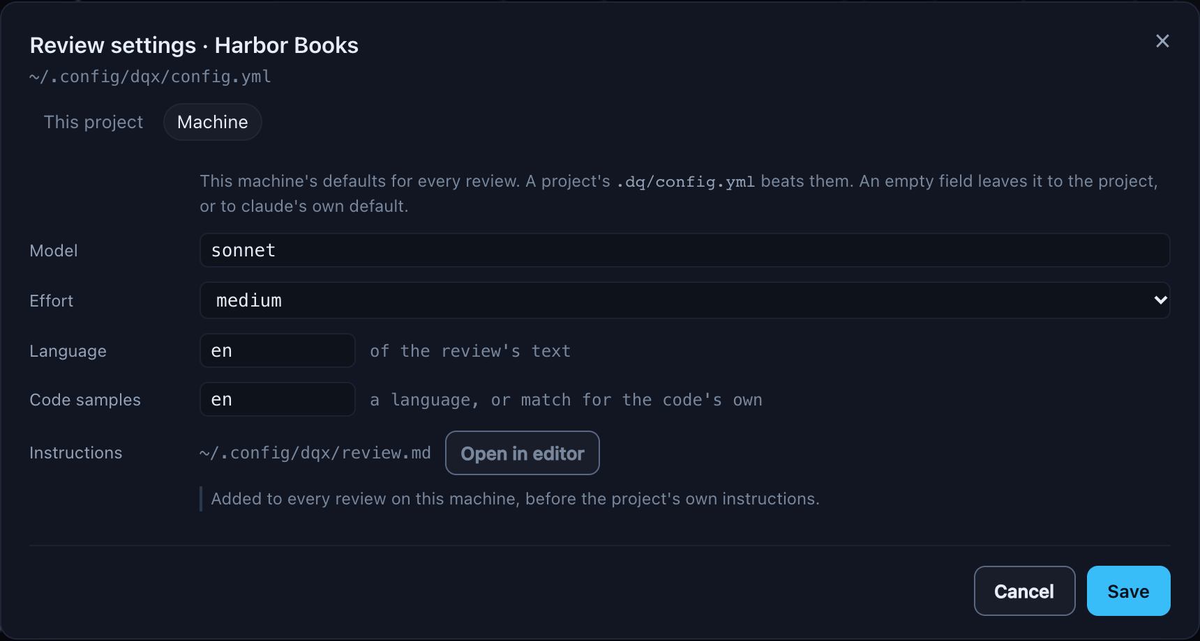 The Machine tab of Review settings: model sonnet, effort medium, language en, code samples en, and the instructions file ~/.config/dqx/review.md with Open in editor