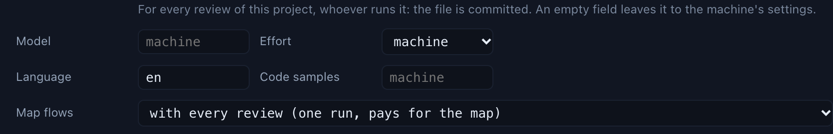 The top of the This project tab: model and effort on machine, language en, code samples on machine, and map flows set to with every review (one run, pays for the map)