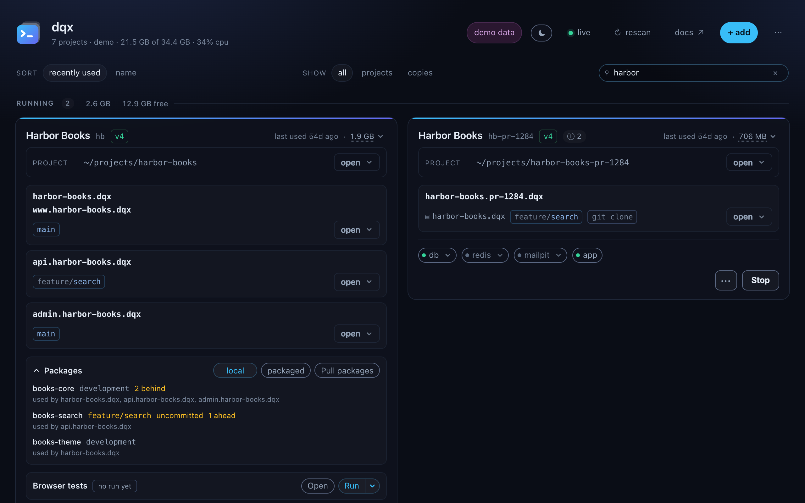 The dashboard filtered by the word harbor, with the group counts following the filter